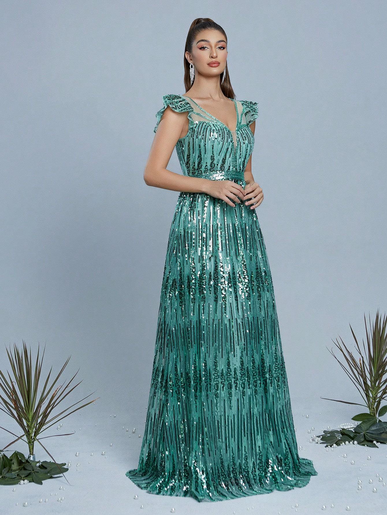 Leely Women's Elegant V Neck Flounce Sleeve Party Dress