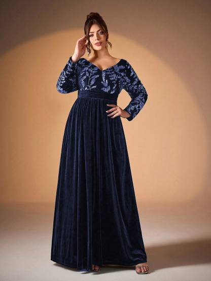 Leely Plus Women's Elegant V Neck Long Sleeve A Line Prom Dress