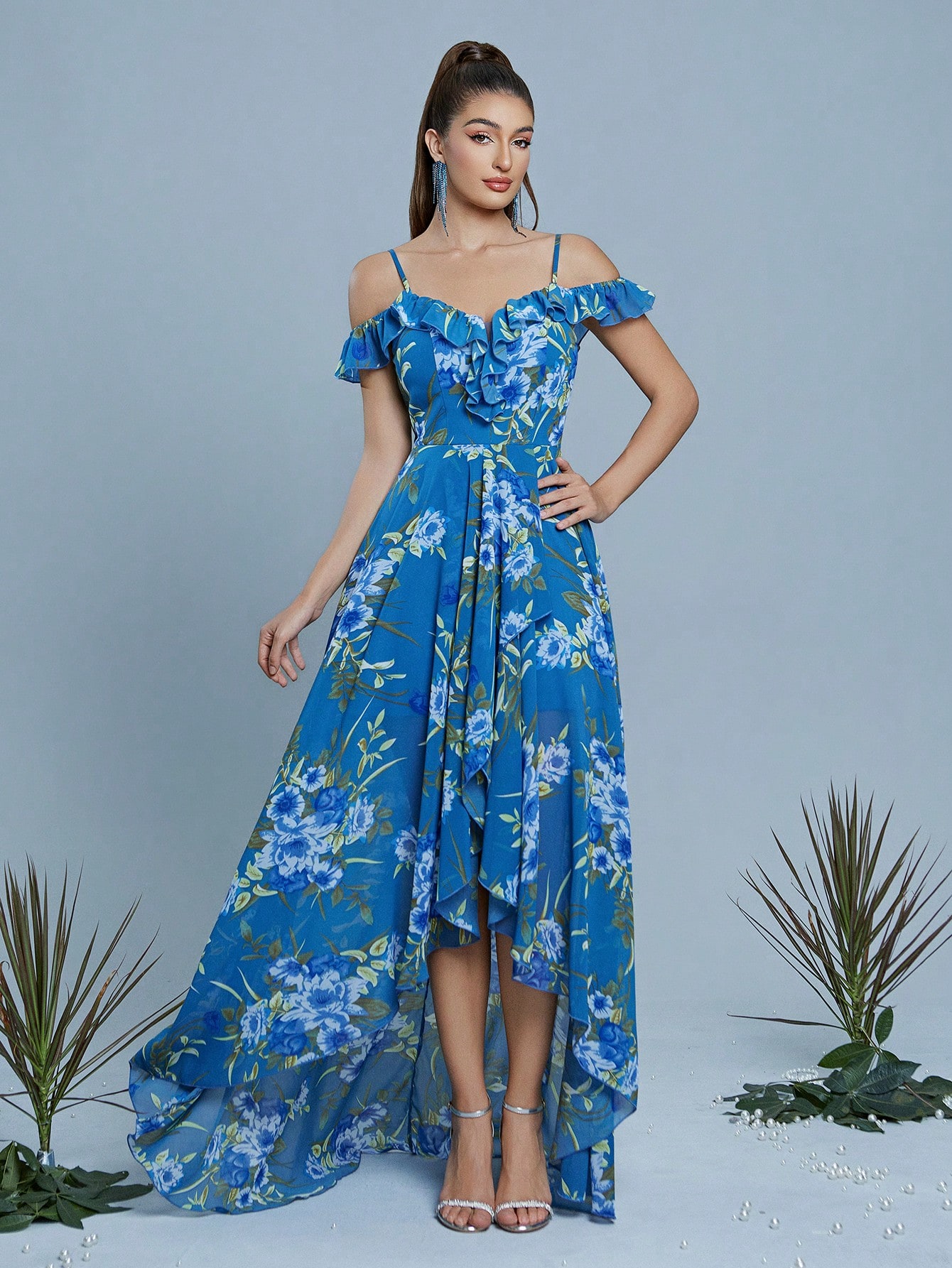Leely Navy Blue Floral Print Off-the-Shoulder High-Low Chiffon Dress
