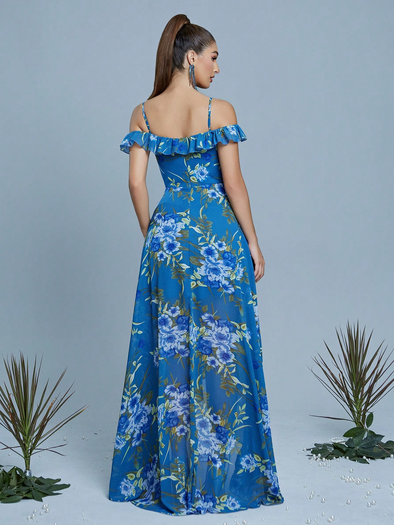 Leely Navy Blue Floral Print Off-the-Shoulder High-Low Chiffon Dress