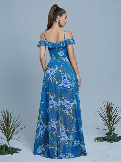 Leely Navy Blue Floral Print Off-the-Shoulder High-Low Chiffon Dress