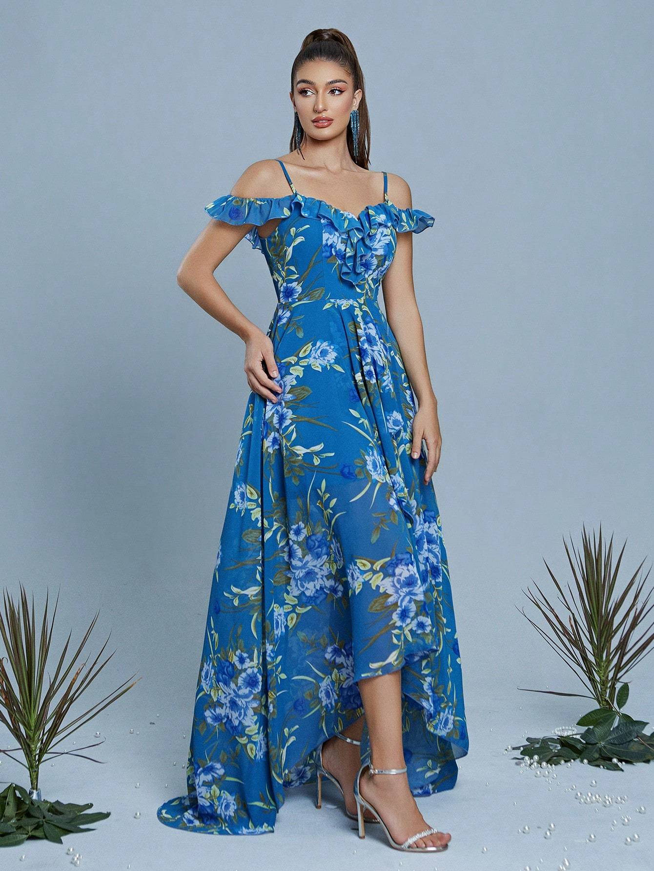 Leely Navy Blue Floral Print Off-the-Shoulder High-Low Chiffon Dress