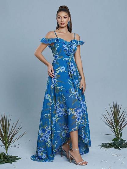 Leely Navy Blue Floral Print Off-the-Shoulder High-Low Chiffon Dress