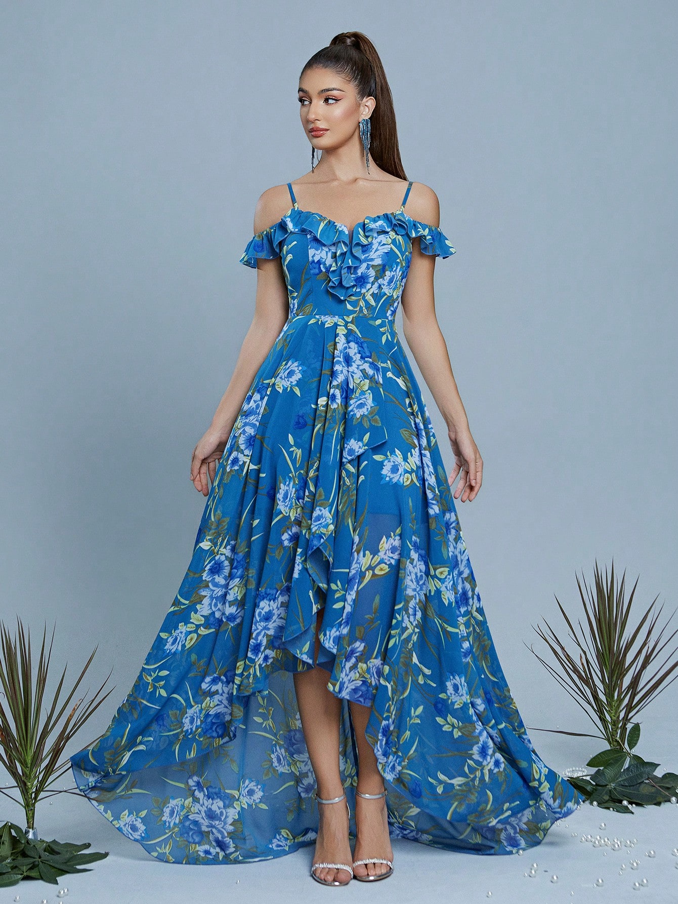 Leely Navy Blue Floral Print Off-the-Shoulder High-Low Chiffon Dress