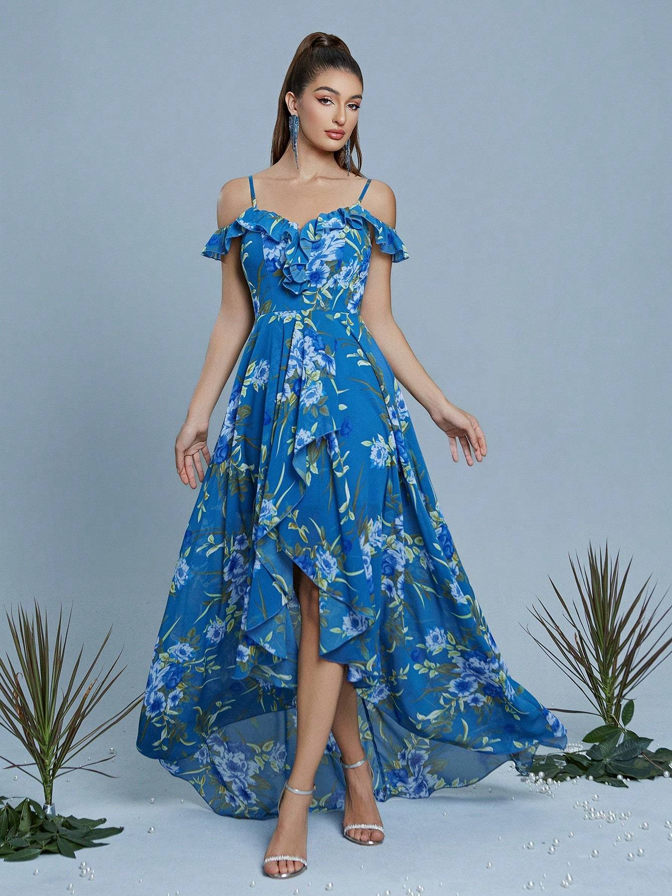 Leely Navy Blue Floral Print Off-the-Shoulder High-Low Chiffon Dress