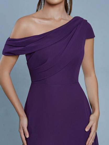 Leely Women's Elegant One Shoulder Cap Sleeve A-Line Dress