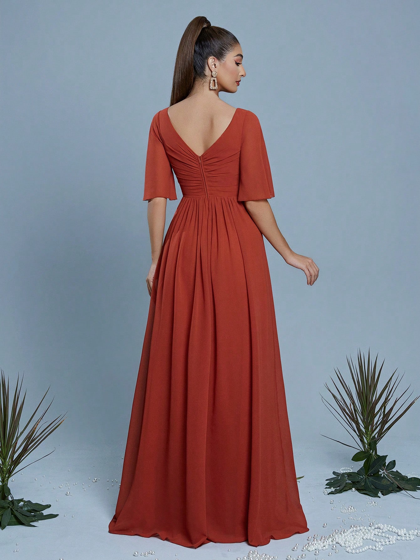 Leely Elegant Round Neck Flare Sleeve  Evening Gown