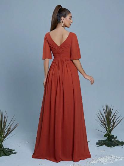 Leely Elegant Round Neck Flare Sleeve  Evening Gown