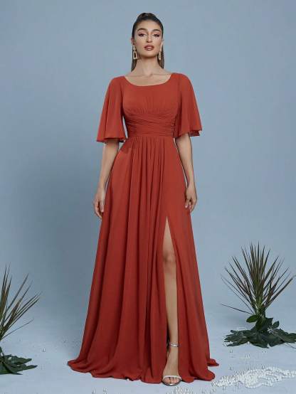 Leely Elegant Round Neck Flare Sleeve  Evening Gown