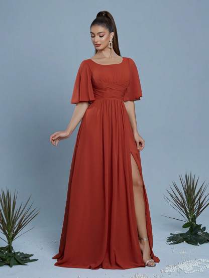 Leely Elegant Round Neck Flare Sleeve  Evening Gown