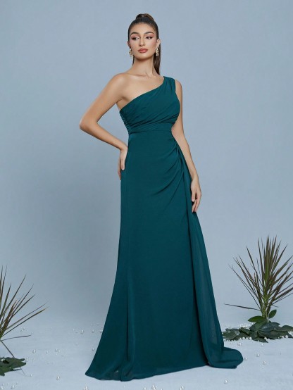 Leely Women's Elegant One Shoulder Sleeveless A-Line Dress