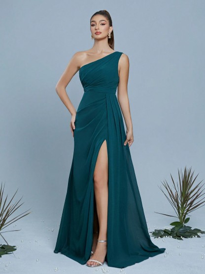 Leely Women's Elegant One Shoulder Sleeveless A-Line Dress