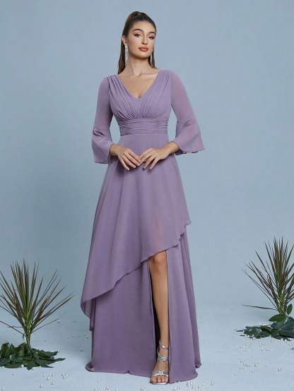 Leely Elegant V Neck Flare Sleeve Evening Gown
