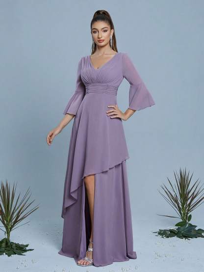 Leely Elegant V Neck Flare Sleeve Evening Gown