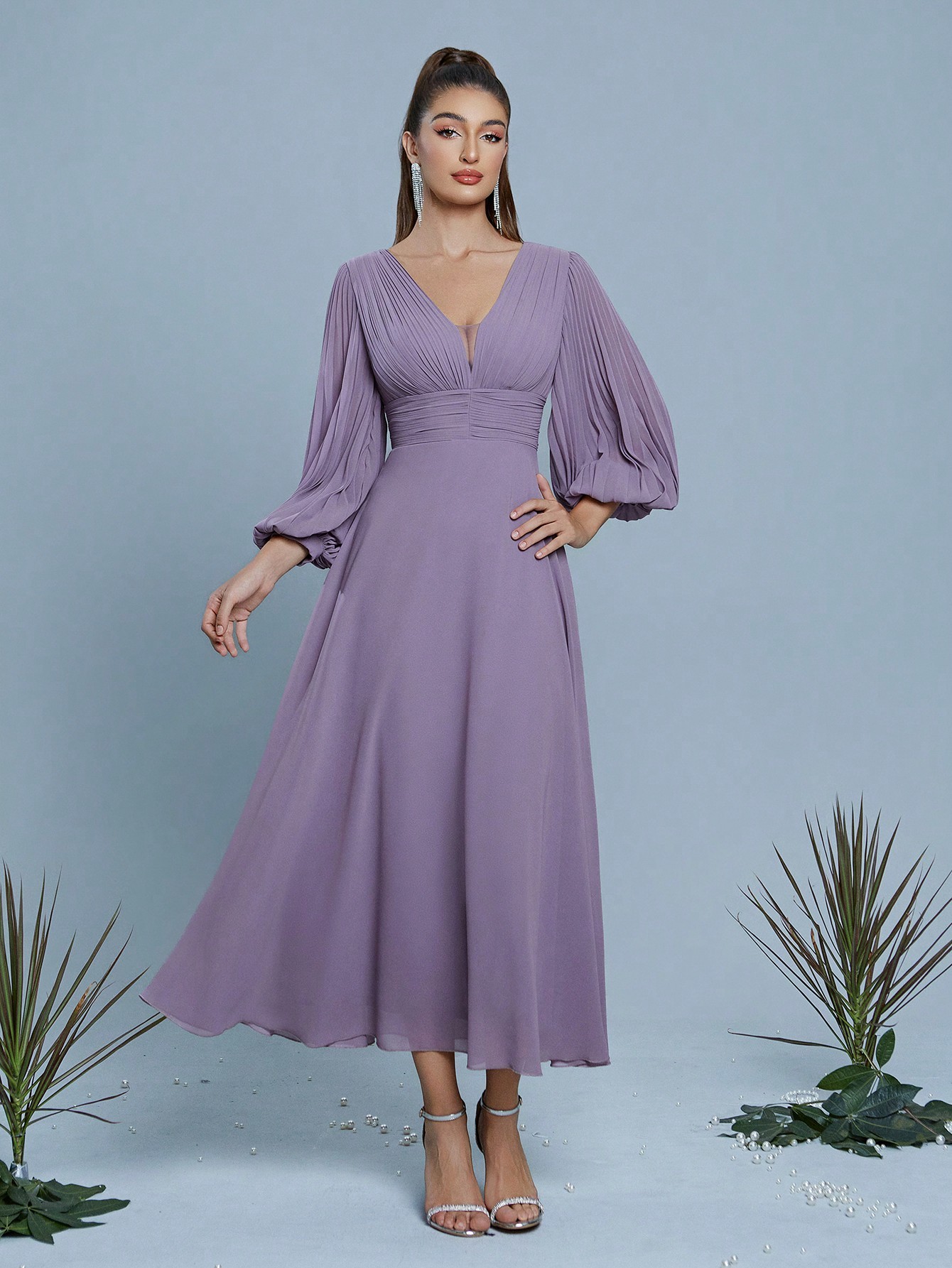 Leely Women's Elegant V Neck Bishop Sleeve Prom Dress
