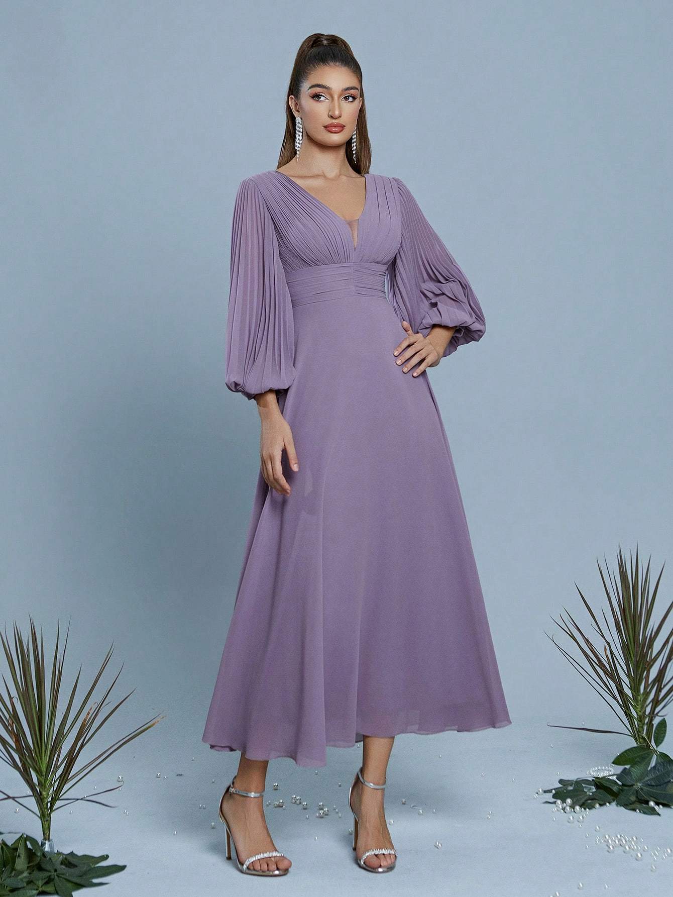 Leely Women's Elegant V Neck Bishop Sleeve Prom Dress