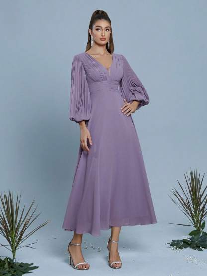Leely Women's Elegant V Neck Bishop Sleeve Prom Dress