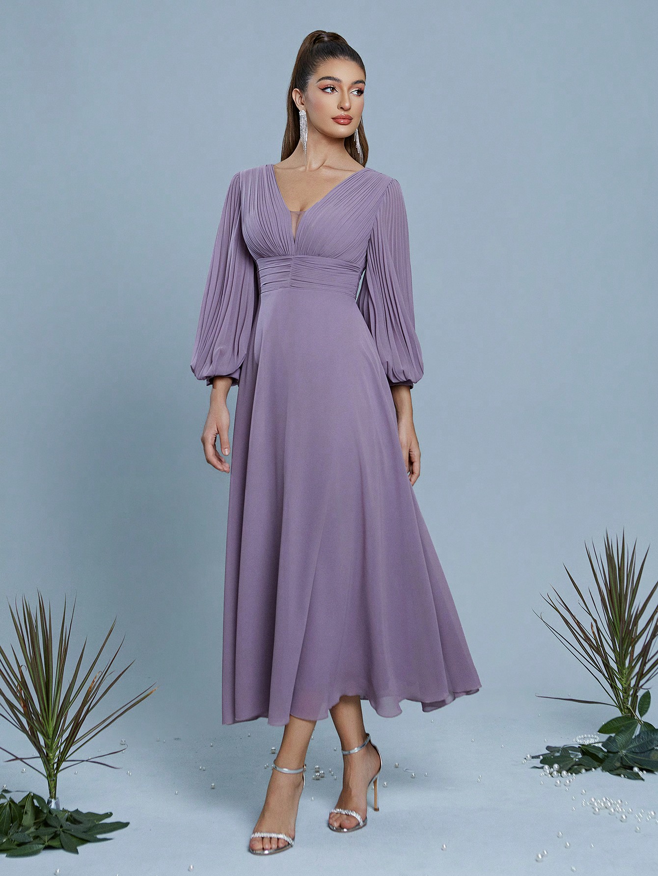 Leely Women's Elegant V Neck Bishop Sleeve Prom Dress