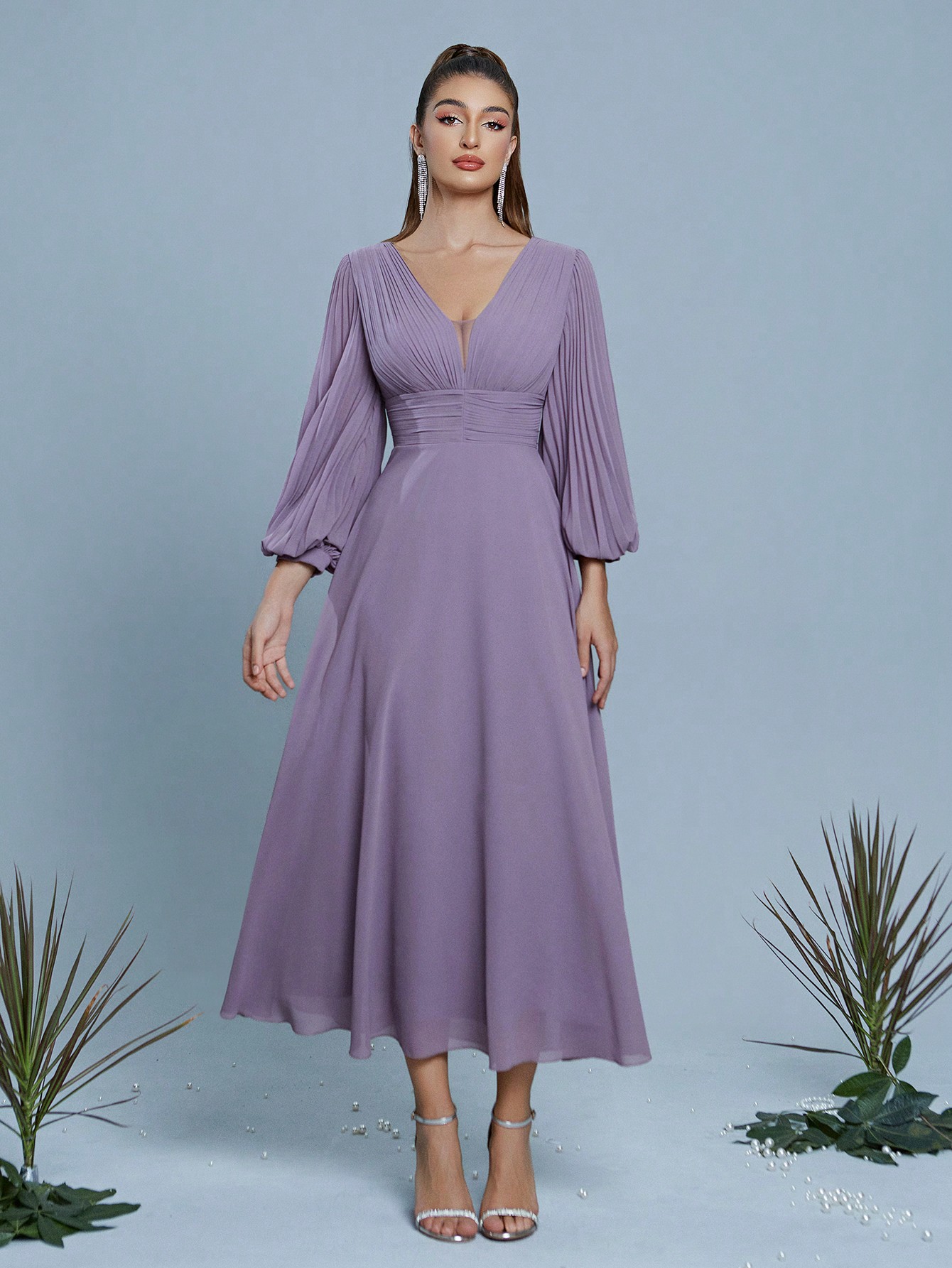 Leely Women's Elegant V Neck Bishop Sleeve Prom Dress