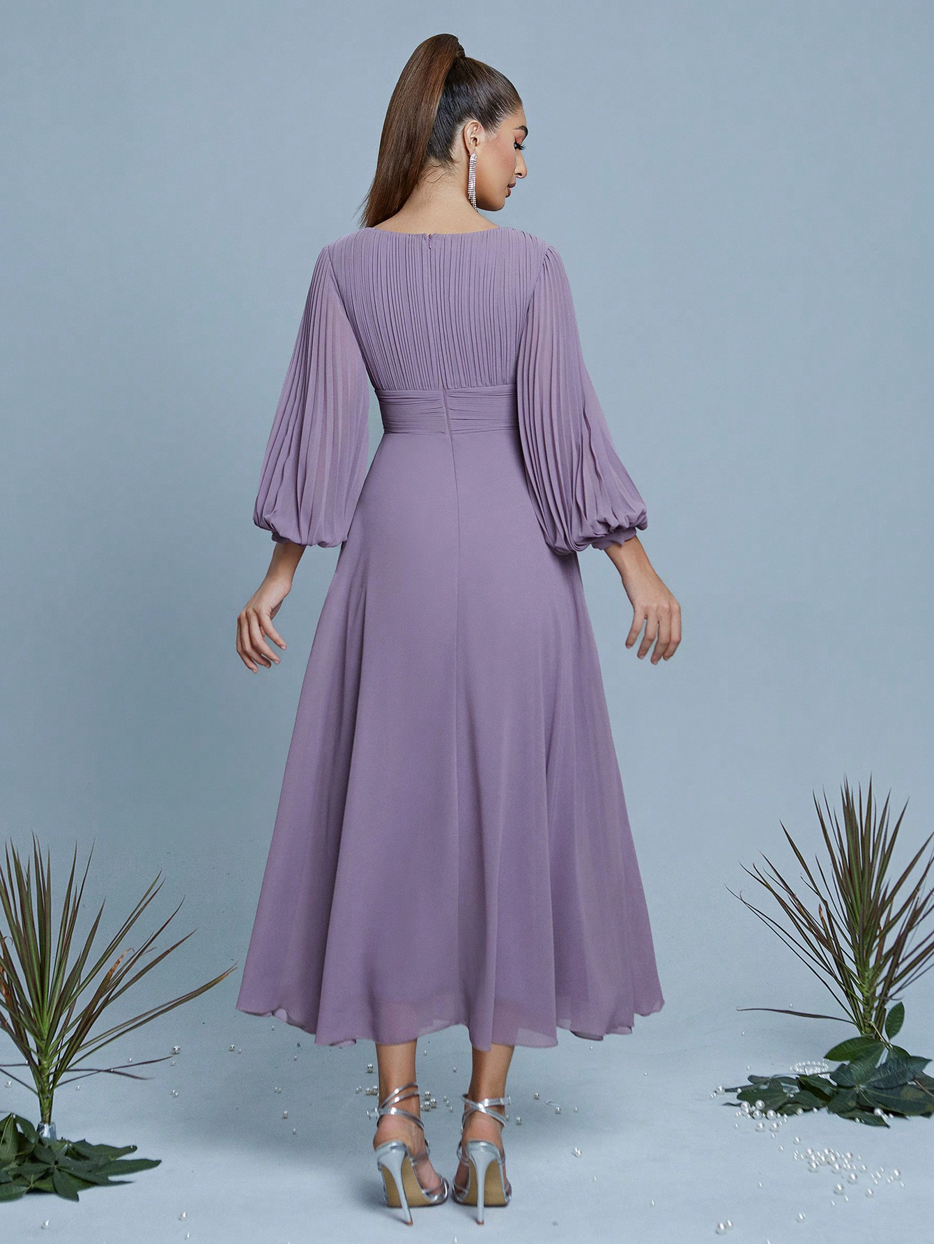 Leely Women's Elegant V Neck Bishop Sleeve Prom Dress