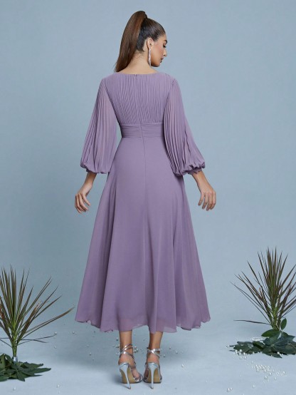 Leely Women's Elegant V Neck Bishop Sleeve Prom Dress