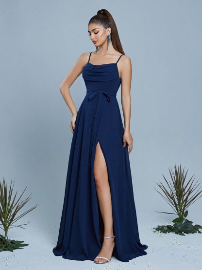 Leely Elegant Spaghetti Straps Sleeveless Evening Gown