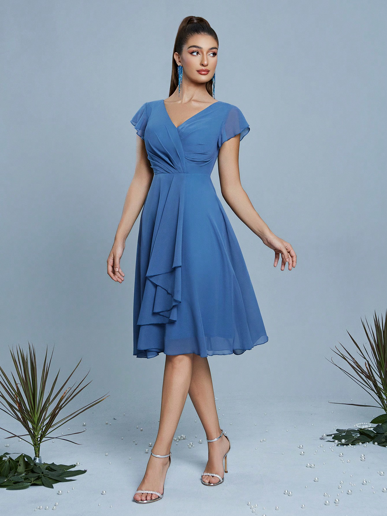 Leely Women's Elegant V Neck Flounce Sleeve Party Dress