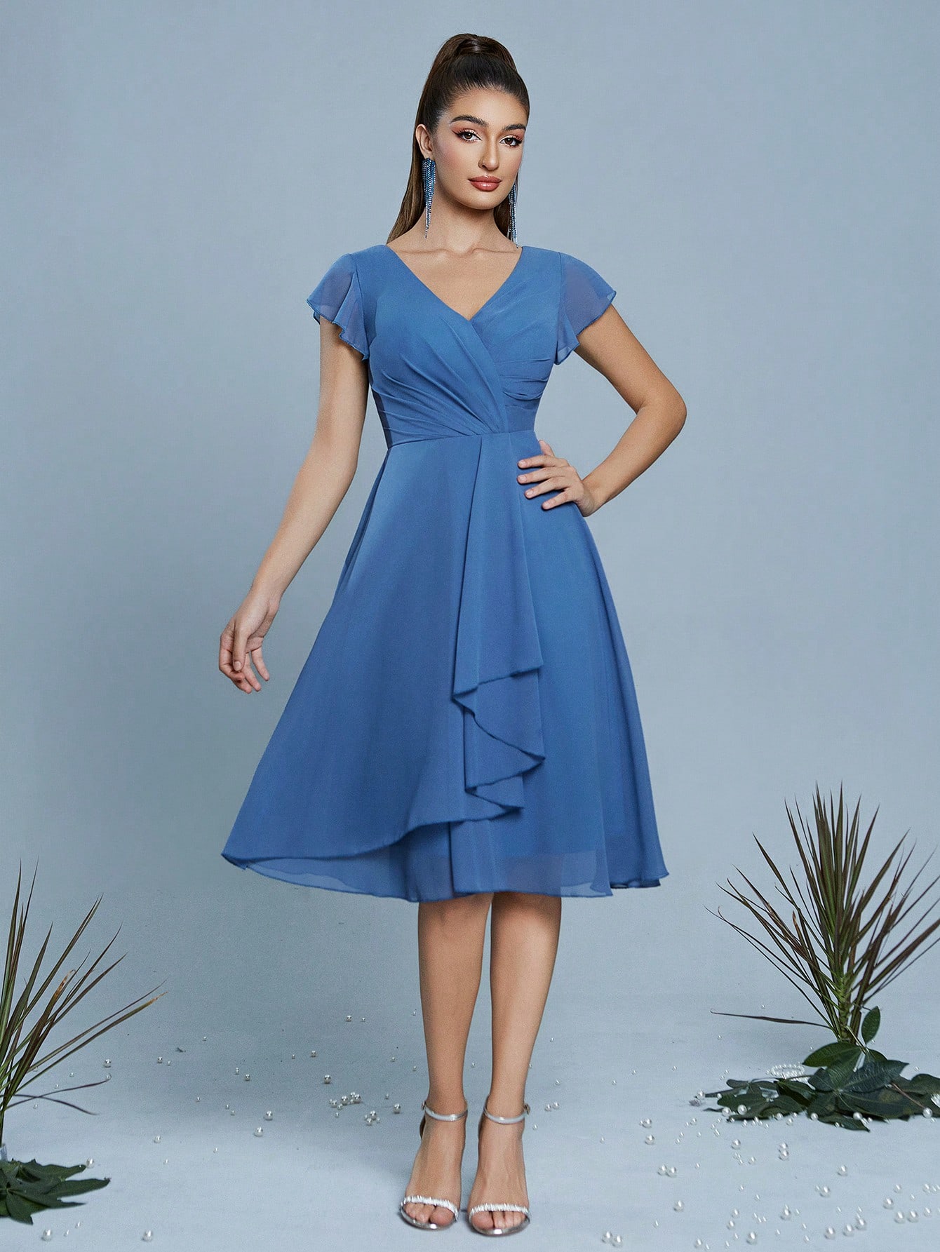 Leely Women's Elegant V Neck Flounce Sleeve Party Dress