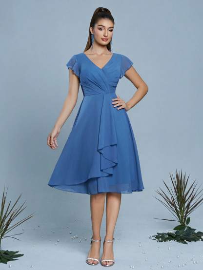 Leely Women's Elegant V Neck Flounce Sleeve Party Dress