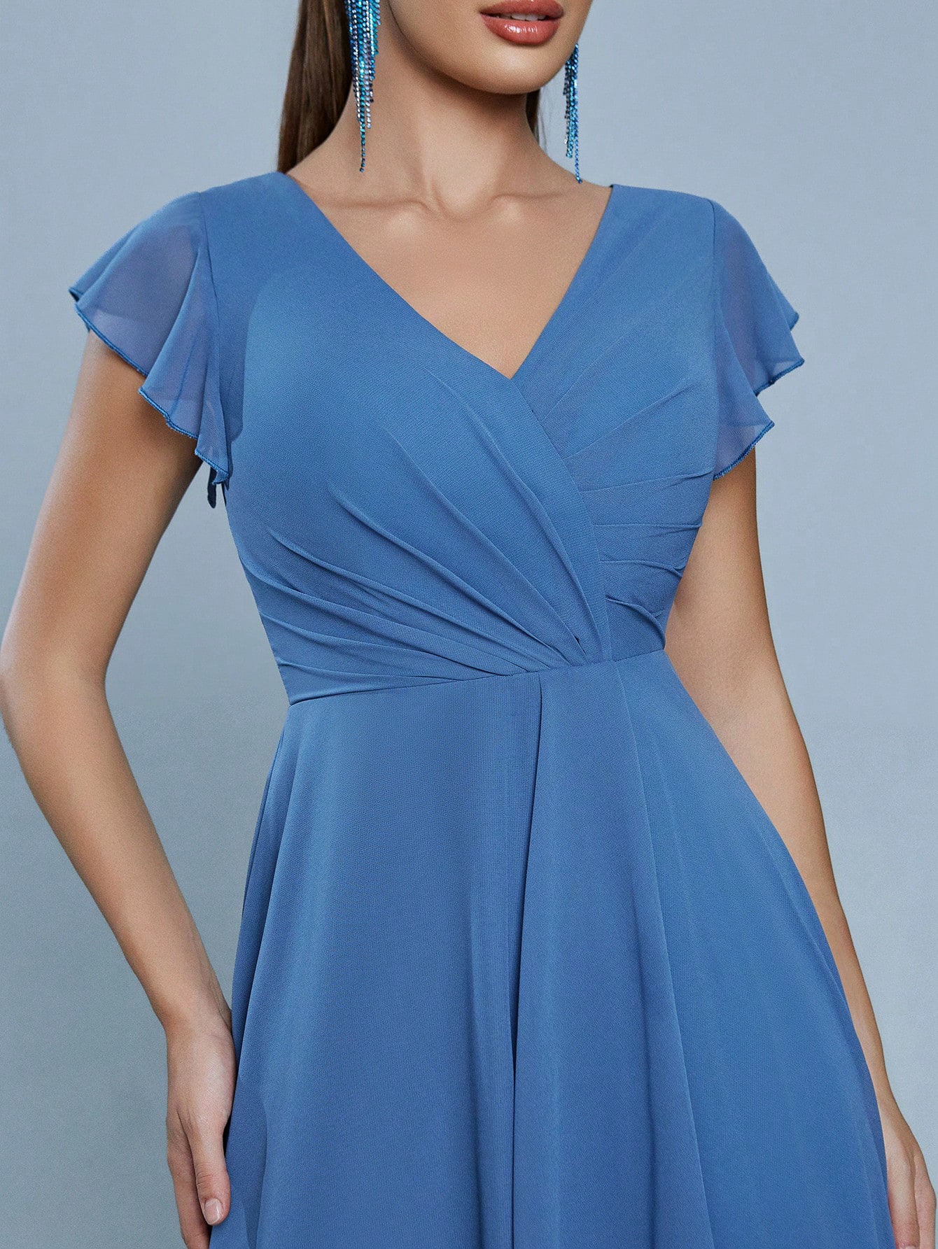 Leely Women's Elegant V Neck Flounce Sleeve Party Dress