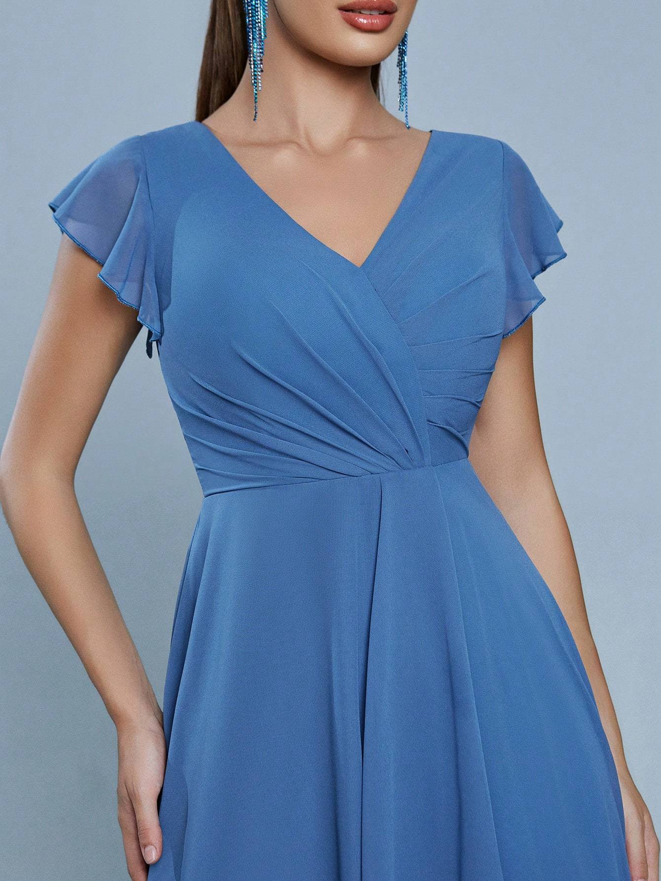 Leely Women's Elegant V Neck Flounce Sleeve Party Dress