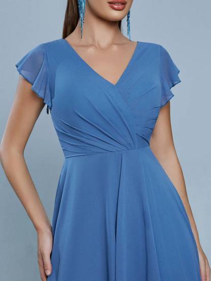Leely Women's Elegant V Neck Flounce Sleeve Party Dress