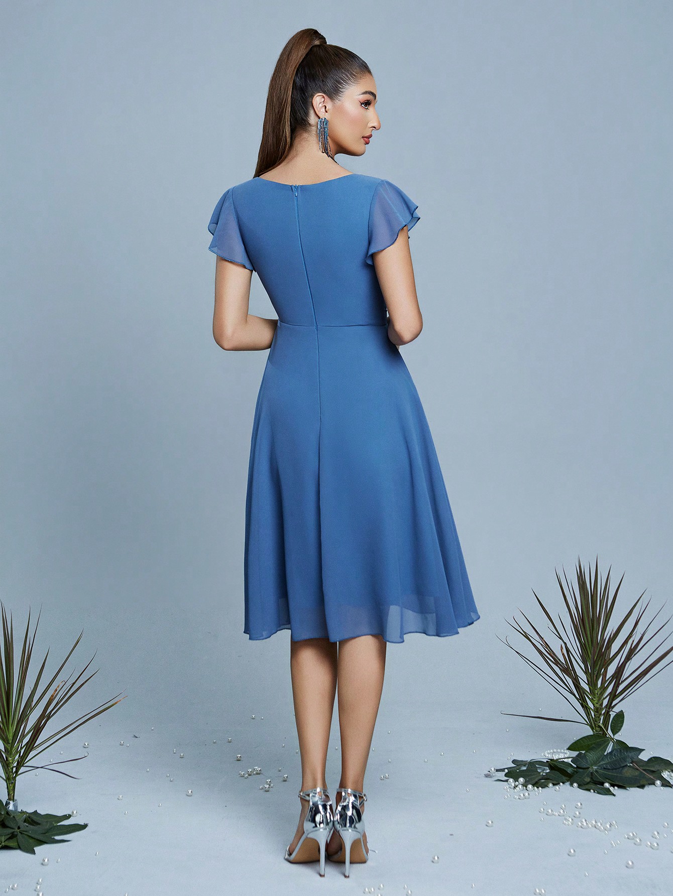 Leely Women's Elegant V Neck Flounce Sleeve Party Dress