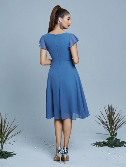 Leely Women's Elegant V Neck Flounce Sleeve Party Dress