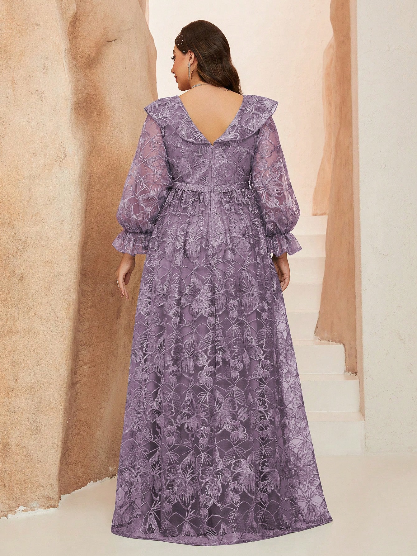 Leely Women's Elegant Peter Pan Collar Bishop Sleeve Split Thigh Lace A-Line Dress