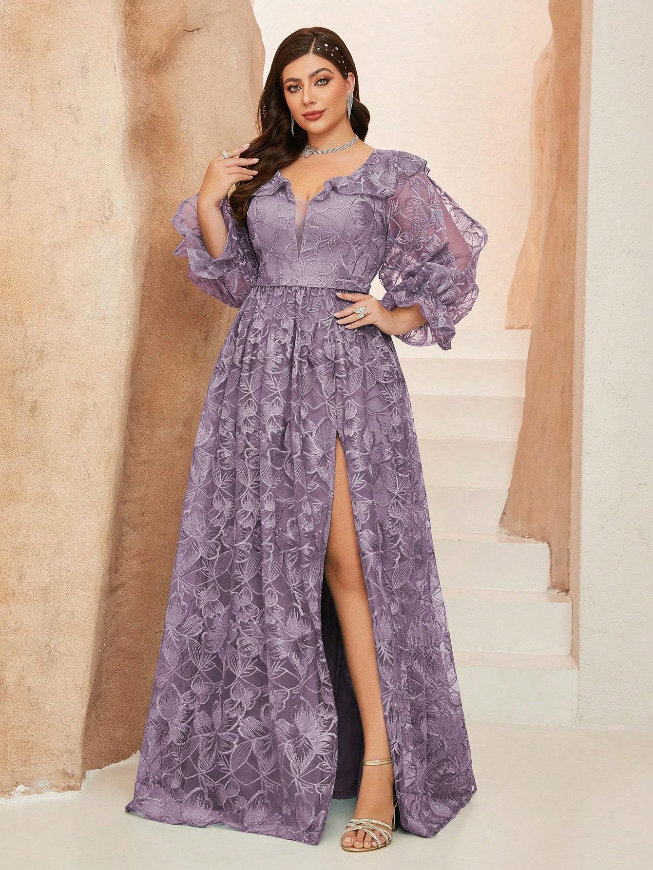 Leely Women's Elegant Peter Pan Collar Bishop Sleeve Split Thigh Lace A-Line Dress