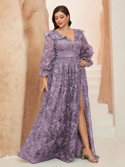 Leely Women's Elegant Peter Pan Collar Bishop Sleeve Split Thigh Lace A-Line Dress