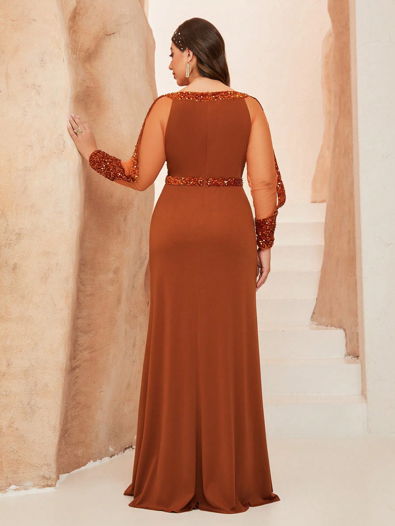 Leely Plus Women's Elegant Round Neck Long Sleeve Party Dresses