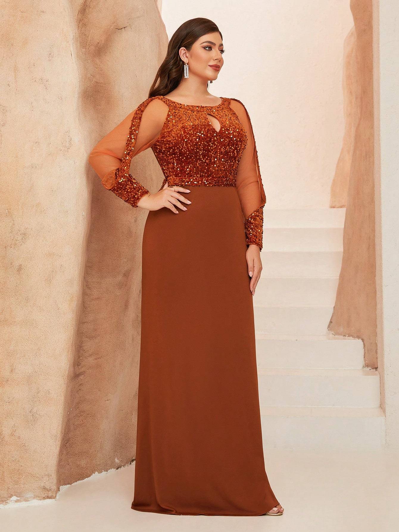 Leely Plus Women's Elegant Round Neck Long Sleeve Party Dresses