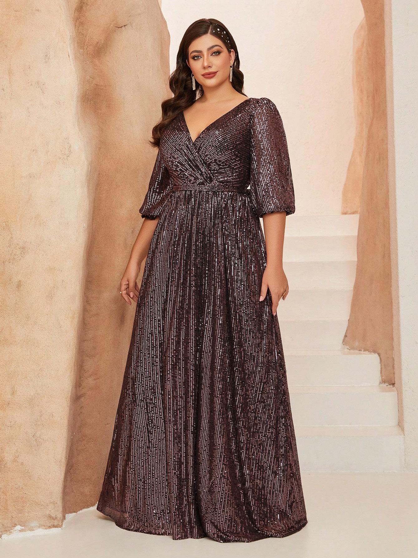 Leely Plus Women's Elegant V Neck Bishop Sleeve Sequin A-Line Dress