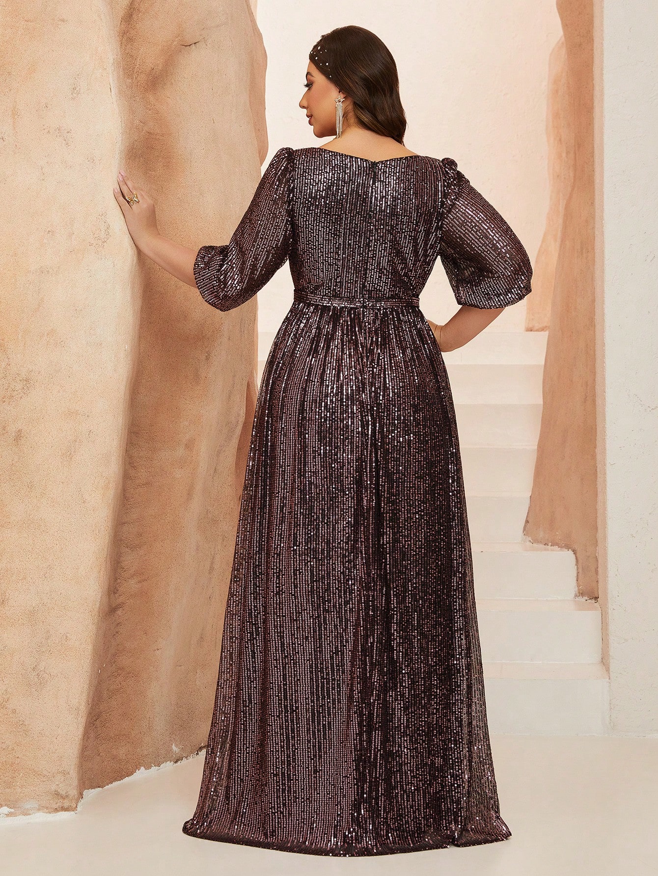 Leely Plus Women's Elegant V Neck Bishop Sleeve Sequin A-Line Dress