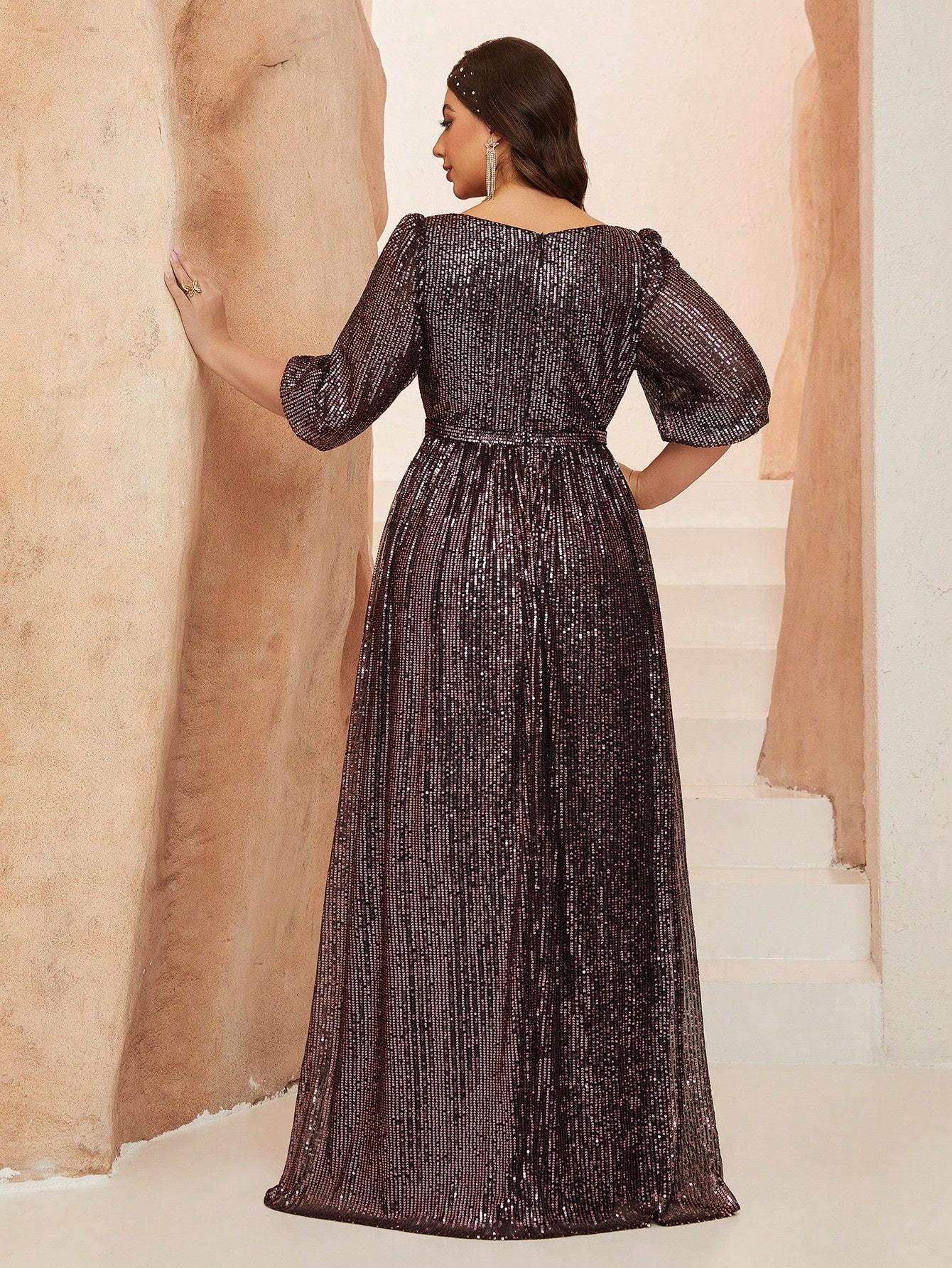 Leely Plus Women's Elegant V Neck Bishop Sleeve Sequin A-Line Dress