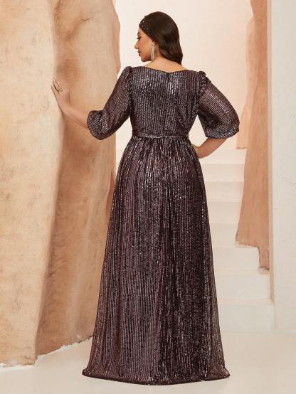 Leely Plus Women's Elegant V Neck Bishop Sleeve Sequin A-Line Dress