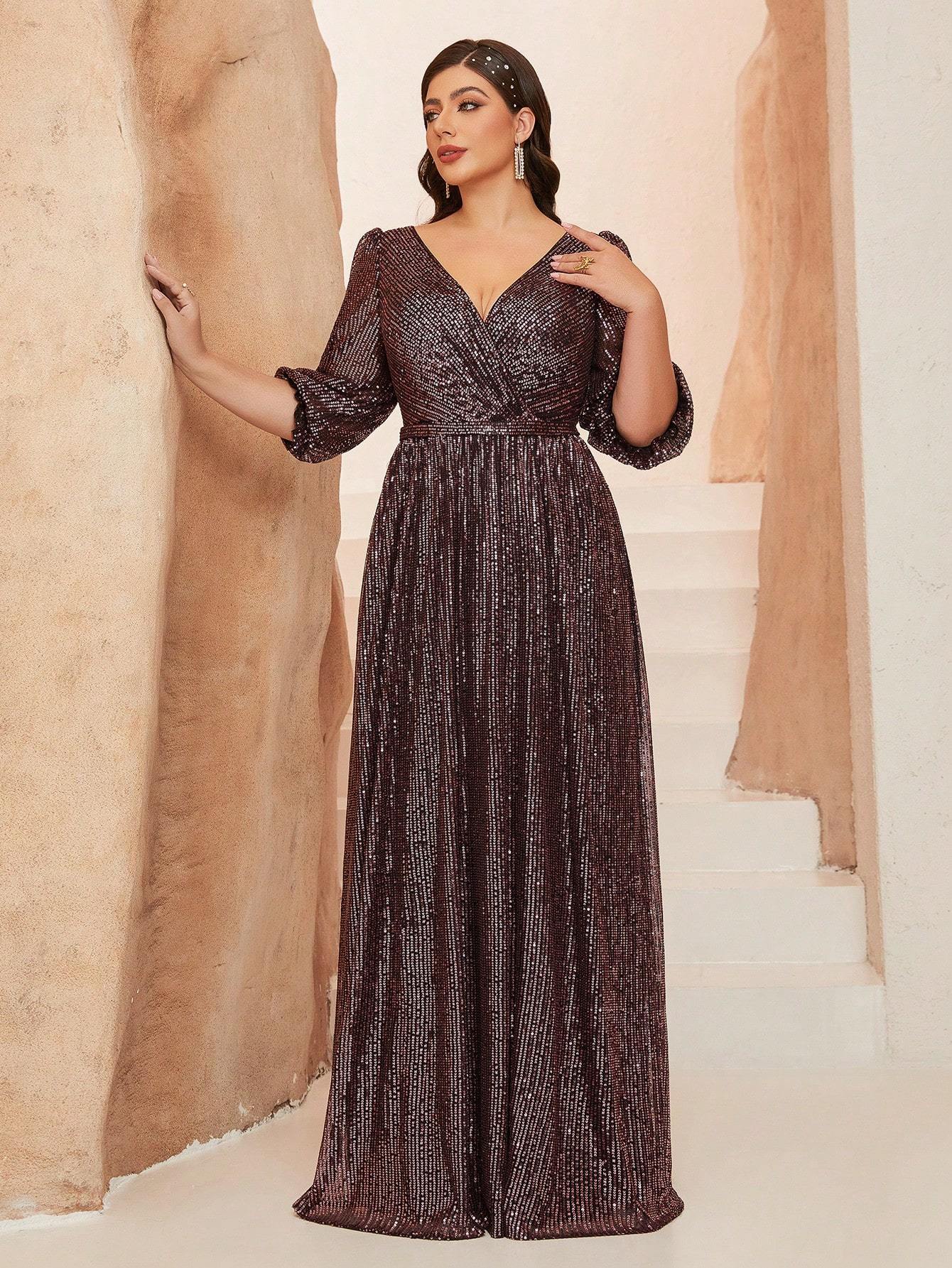 Leely Plus Women's Elegant V Neck Bishop Sleeve Sequin A-Line Dress