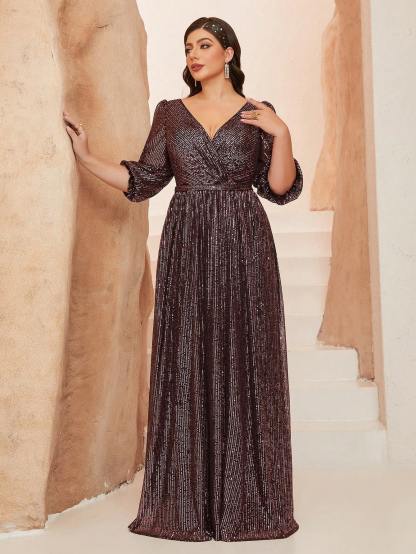 Leely Plus Women's Elegant V Neck Bishop Sleeve Sequin A-Line Dress