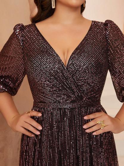 Leely Plus Women's Elegant V Neck Bishop Sleeve Sequin A-Line Dress