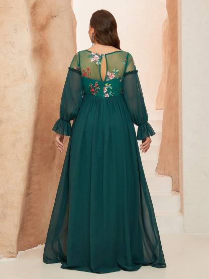 Leely Plus Women's Elegant Round Neck Bishop Sleeve Party Dresses