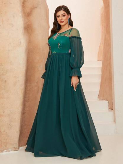 Leely Plus Women's Elegant Round Neck Bishop Sleeve Party Dresses