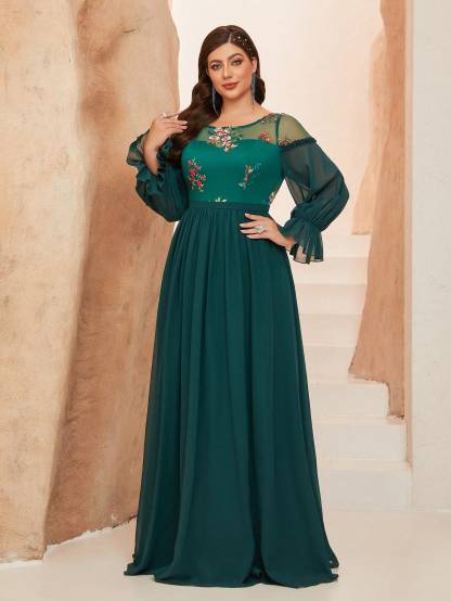 Leely Plus Women's Elegant Round Neck Bishop Sleeve Party Dresses