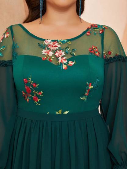 Leely Plus Women's Elegant Round Neck Bishop Sleeve Party Dresses
